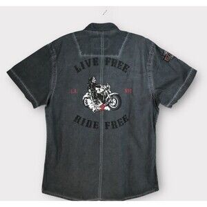BIker Shirt Men Large Slim Gray Chambray Live Free Ride Free Graphic Button Up